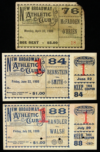 1900 New Broadway Athletic Club Boxing Tickets & Stub - Lot of 3 w/ McFadden, OBrien, Bernstein, Smith, Handler & Walsh