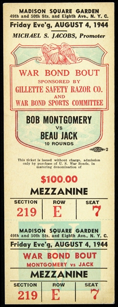 1944 (August 4) Bob Montgomery Beau Jack Madison Square Garden War Bond Bout Full Ticket 