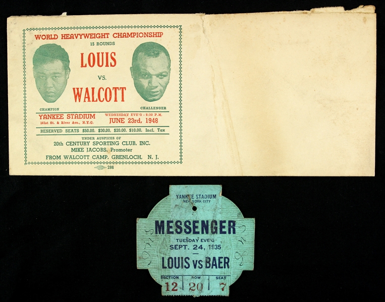 1935-48 Joe Louis Max Baer Jersey Joe Walcott Messenger Pass & Promotional Envelope - Lot of 2