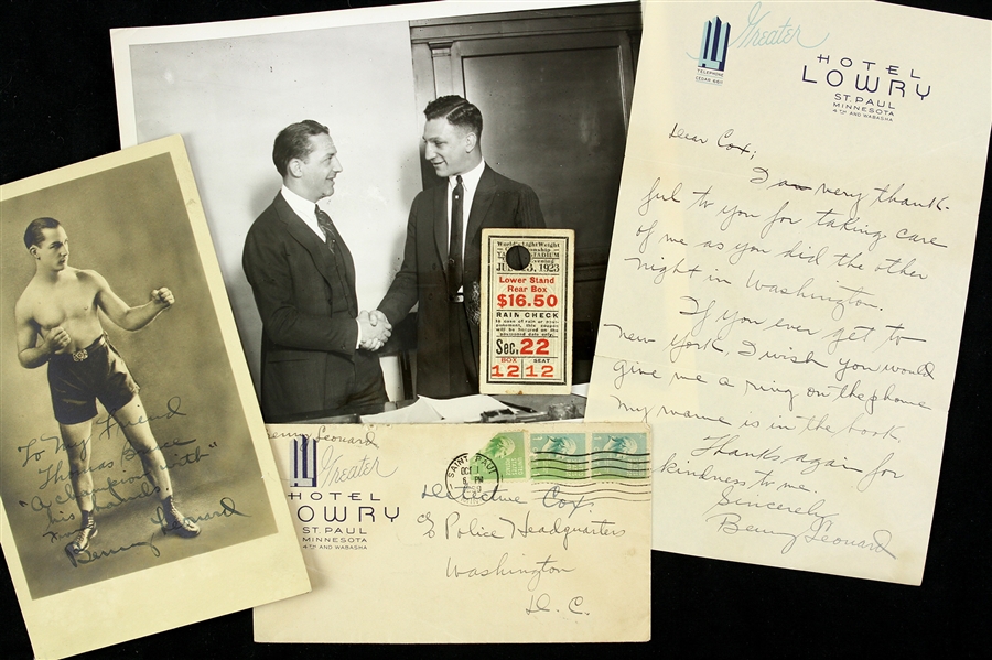 1923-39 Benny Leonard World Lightweight Champion Memorabilia Collection - Lot of 5 w/ Original Photo, Ticket Stub & Signed Photo/Letter (JSA)