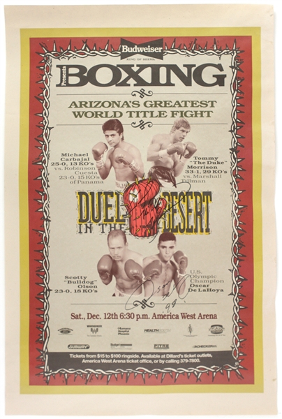 1992 (December 12th) Budweiser 24”x36” Boxing Poster Signed by Tommy Morrison & Oscar DeLahoya (JSA)