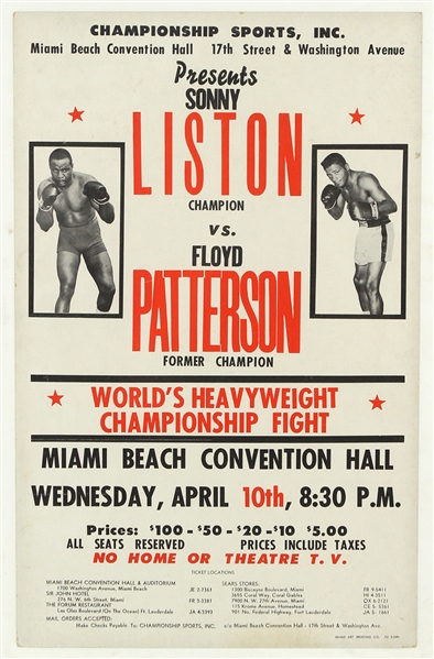 1963 Sonny Liston Floyd Patterson World Heavyweight Championship Title Bout 14" x 22" Ghost Broadside