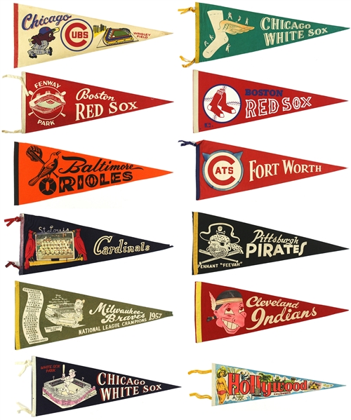 Vintage 29” Major League and Minor League Baseball Team Pennants Including the Chicago Cubs, Boston Red Sox Hollywood California Pennant and More (Lot of 24)