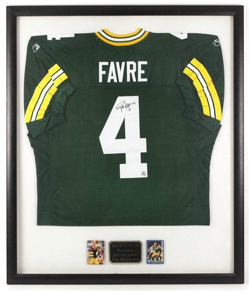 1990s Green Bay Packers Brett Favre Signed 34” x 41” Framed Jersey (JSA)