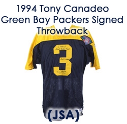 1994 Tony Canadeo Green Bay Packers Signed & Inscribed Throwback Jersey w/ NFL 75th Anniversary Patch (JSA)