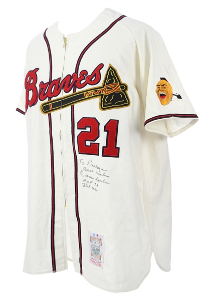 1990s Warren Spahn Milwaukee Braves Signed & Inscribed Mitchell & Ness Jersey (JSA)