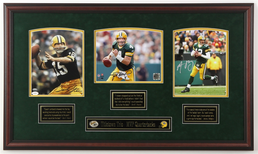 2000s Bart Starr/Brett Favre/Aaron Rodgers Green Bay Packers Signed 21" x 37" Framed Photos (Brett Favre Hologram)