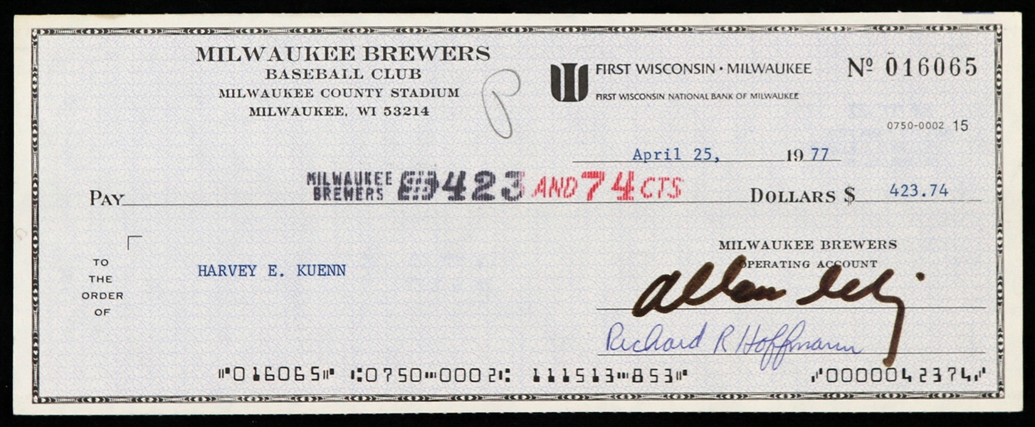 1977 Bud Selig / Harvey Kuenn Milwaukee Brewers Signed Check (JSA)