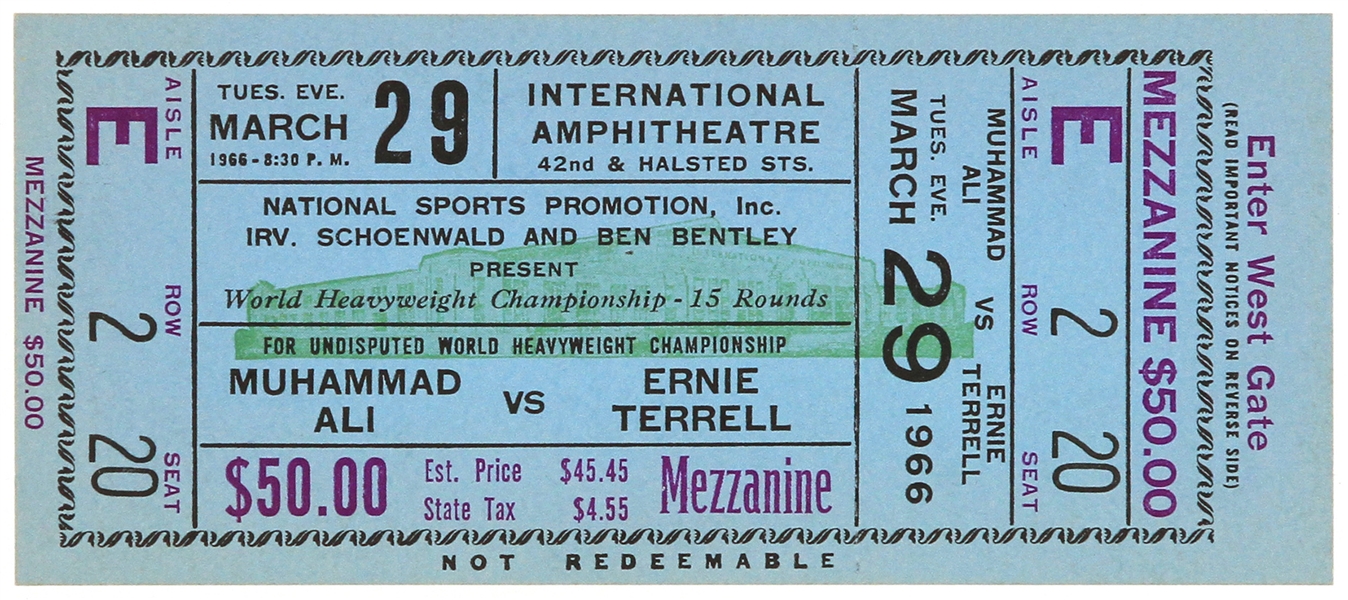 1966 (March 29) Muhammad Ali Ernie Terrell Heavyweight Title Fight Ghost Ticket