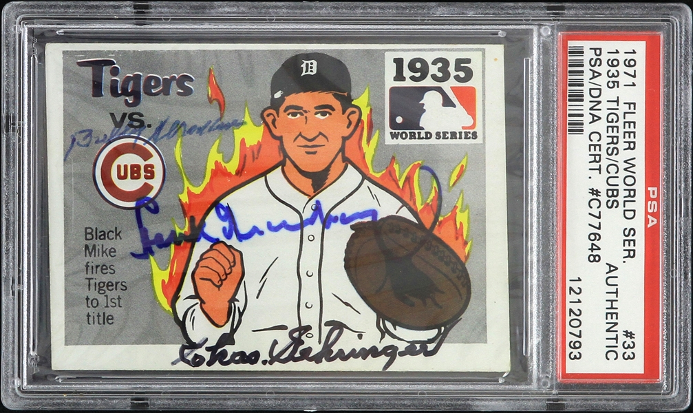 1971 Charlie Gehringer Hank Greenberg Billy Herman Signed 1971 Fleer 1935 World Series Trading Card (PSA/DNA Slabbed)