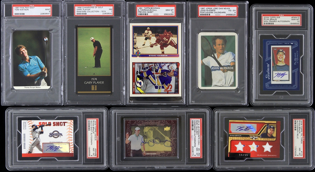 1987-2014 Baseball Golf Tennis Hockey PSA Slabbed Trading Card - Lot of 8 w/ 4 Signed Including Ryan Braun & Rory McIlroy