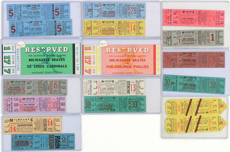 1953-1965 Milwaukee Braves Full Tickets (Lot of 18)