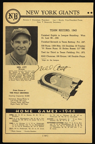 1944 Mel Ott New York Giants Signed Program Page (*Full JSA Letter*)