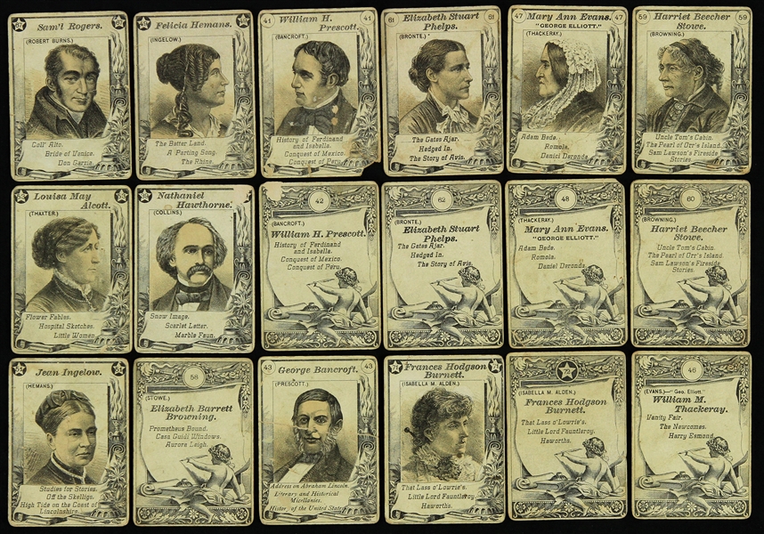 1900s Great Authors Card Collection - Lot of 18 w/ Nathaniel Hawthorne, Louisa May Alcott, Harriet Beecher Stowe & More