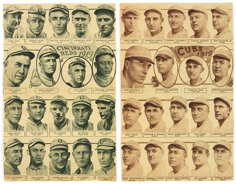 1919 Chicago Cubs Cincinnati Reds Morris Supreme 9.5" x 15" Team Photo Pages - Lot of 2