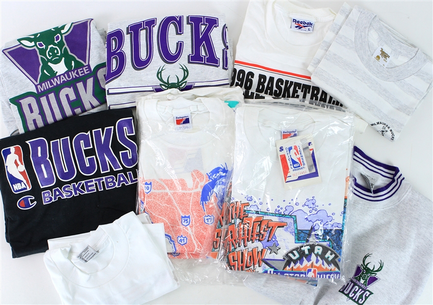 1990s-Present NBA Apparel Collection (30+) w/ I Heart Milwaukee Apron, Bucks Starter/Champion Sweatshirts, Shirts & More