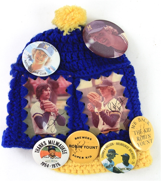 1975-76 Robin Yount Milwaukee Brewers Fan Club Knit Hat w/ Signed Photos & Pinback Buttons (JSA)