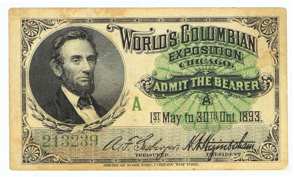 1893 Abraham Lincoln World Columbian Exposition Chicago Ticket