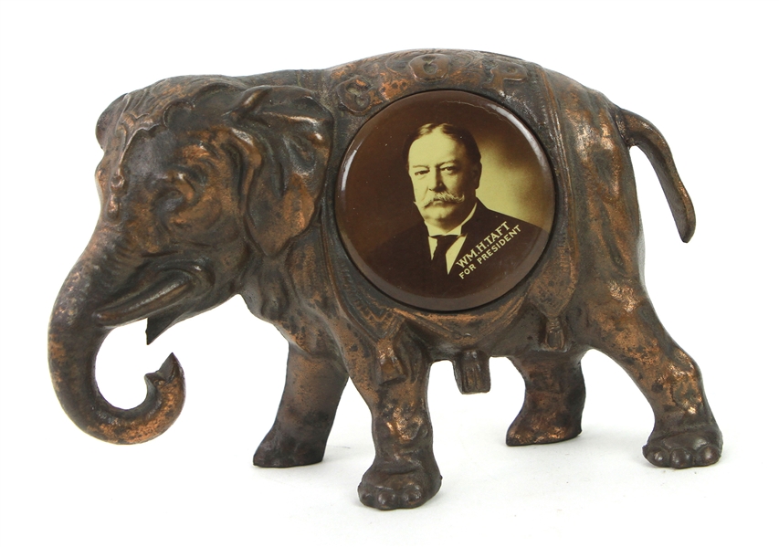 1909-13 William Taft 27th President of the United States Bronze GOP Elephant Display w/ 2.25" Pinback