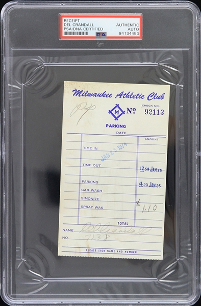 1974 Del Crandall Milwaukee Braves Signed Milwaukee Athletic Club Receipt (PSA/DNA Slabbed)