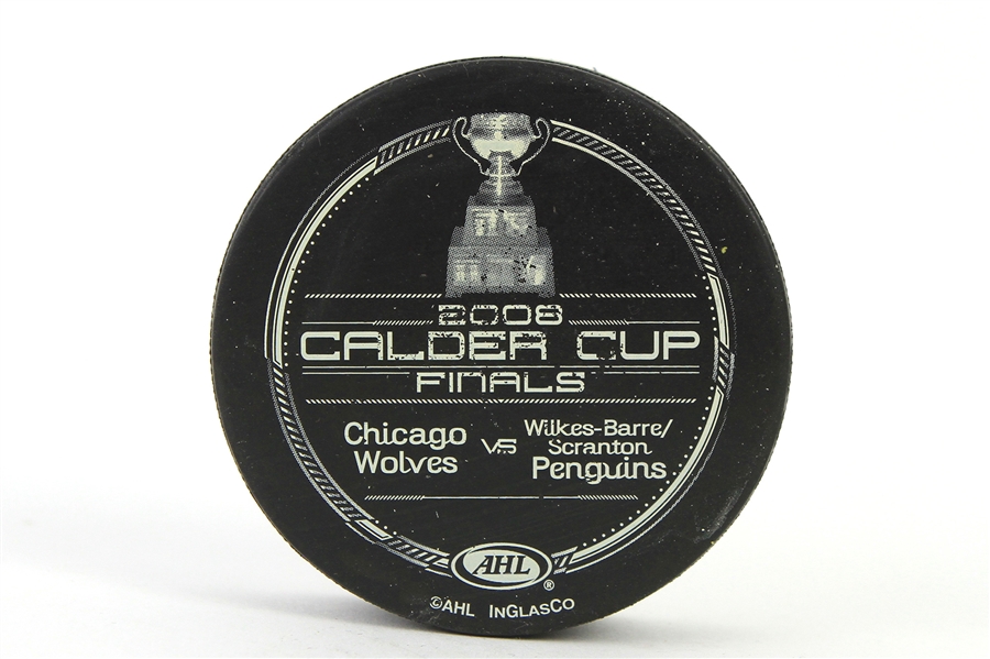 2008 Chicago Wolves Wilkes-Barre/Scranton Penguins Calder Cup Game Used Hockey Puck (MEARS LOA)