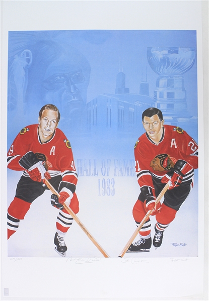 1983 Bobby Hull Stan Mikita Chicago Blackhawks Signed 26" x 40" Hall of Fame Lithograph (JSA) 1282/1983
