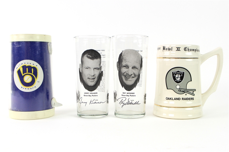 1970s-80s Football Baseball Drinkware Collection - Lot of 4 w/ Oakland Raiders Super Bowl XI Stein, Ray Nitschke/Jerry Kramer Pizza Hut Glasses & More