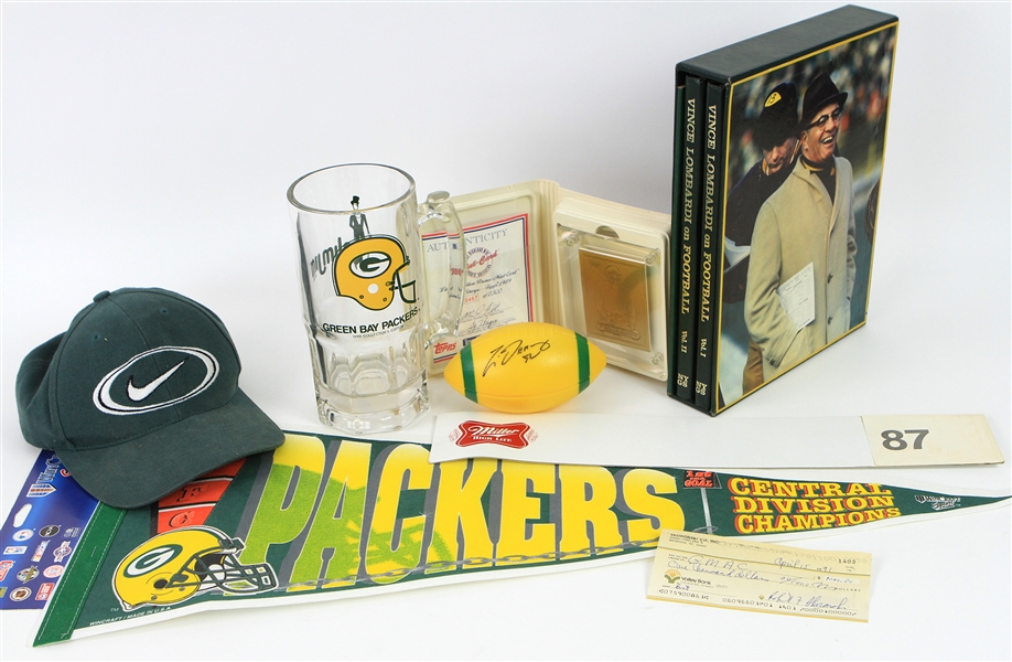 1970s-2000s Green Bay Packers Memorabilia Collection - Lot of 8 w/ Vince Lombardi on Football Hardcover Books, Bob Skoronski Signed Check, & More