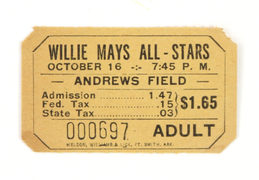 1956 Willie Mays All Stars Andrews Field Ticket Stub