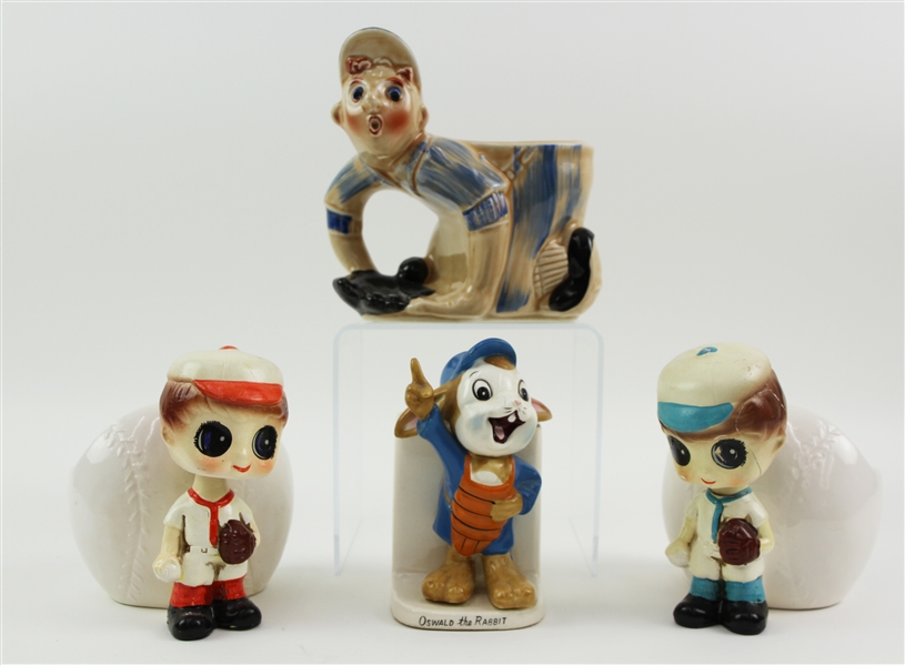1950s Ceramic Baseball Planter Collection - Lot of 4 w/ Oswald the Rabbit, Nodders & More