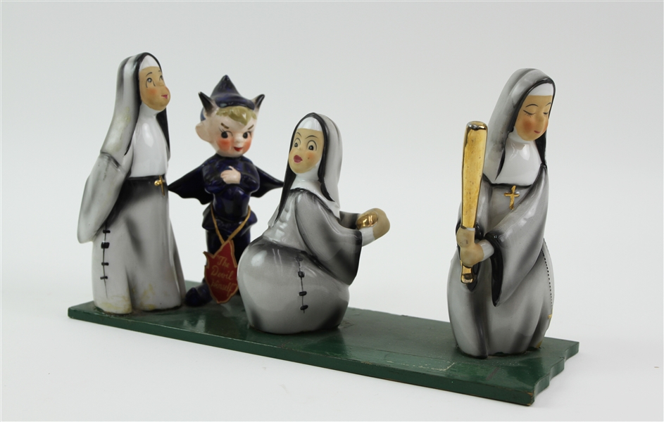 1950s Three Nuns & The Devil Himself Ceramic Baseball Figure Scene