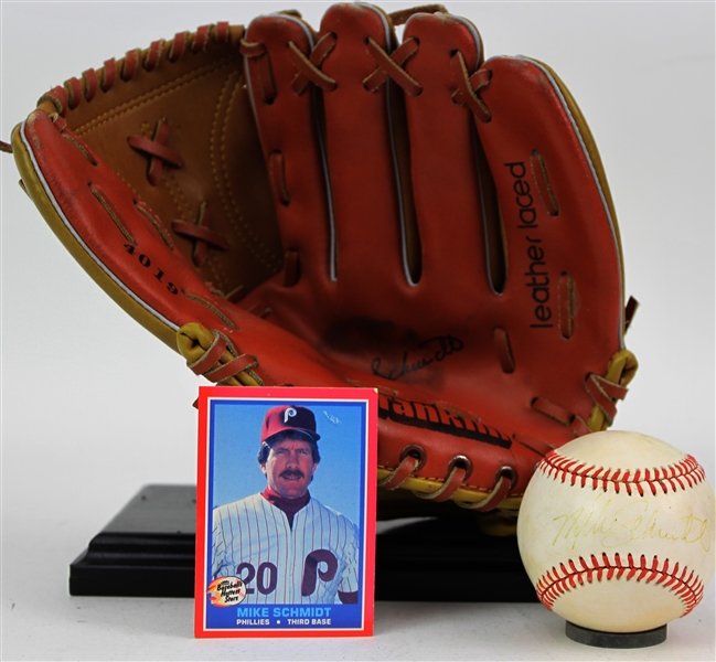 1980s Mike Schmidt Philadelphia Phillies Store Model Franklin Mitt & Signed OAL Brown Baseball (JSA)