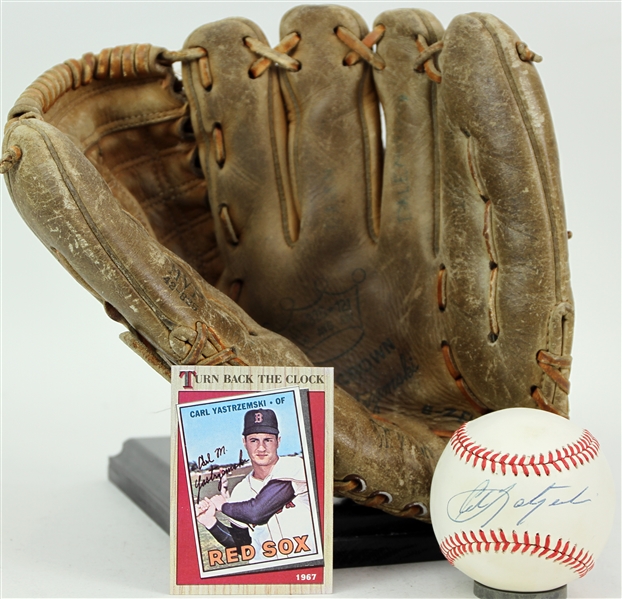 1970s-80s Carl Yastrzemski Boston Red Sox Store Model Spalding Mitt & Signed OAL Brown Baseball (JSA)