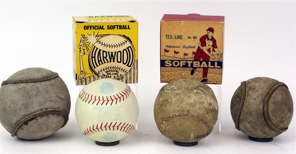 1930s-50s Vintage Softball Collection - Lot of 5 w/ Mint in Box Harwood & Tex-Line