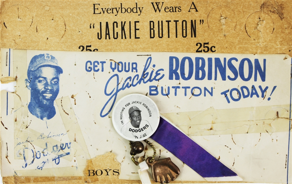 1947-49 Jackie Robinson Brooklyn Dodgers "Im Rooting For Jackie" 1.75" Pinback Button w/ Ribbon, Charms & 7" x 10.75" Display Board 