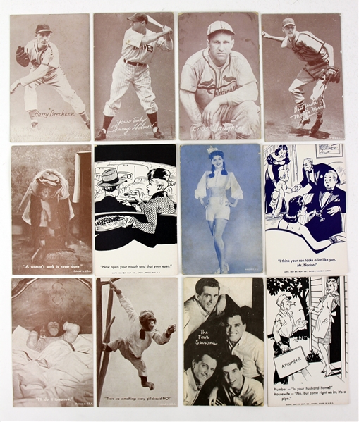 1940s Exhibit Card Collection - Lot of 12 w/ Baseball, Monkey Housewifes, The Four Seasons & More 