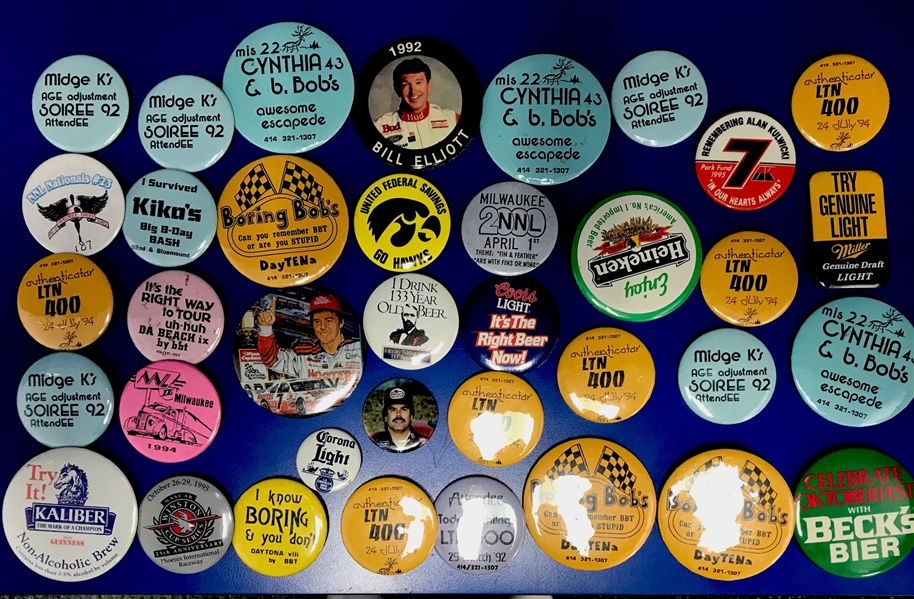 1980s-90s Americana Pinback Button Collection - Lot of 35+ w/ Beer, Racing, Parties & More 