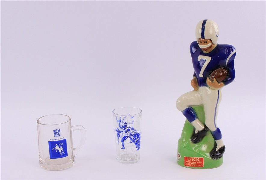1970s Baltimore Colts Memorabilia - Lot of 3 w/ OBR Kentucky Straight Bourbon Whiskey Decanter, Drinking Glass & Mug 