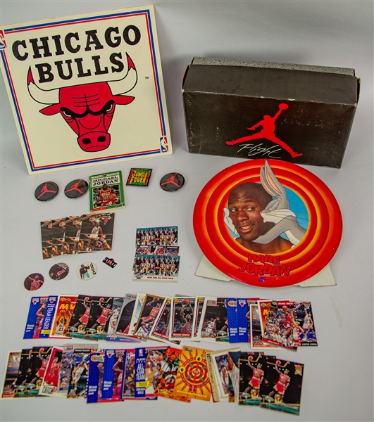 1980s-90s Michael Jordan Chicago Bulls Memorabilia Collection - Lot of 50+ w/ Hare Jordan Looney Tunes Display, Trading Cards, Jumpman Pinback Buttons, Schedules & More