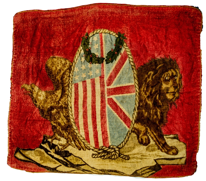 1910s USA Great Britain 54" x 60" Eagle Lion Split Crest Tapestry w/ Weighted Corners