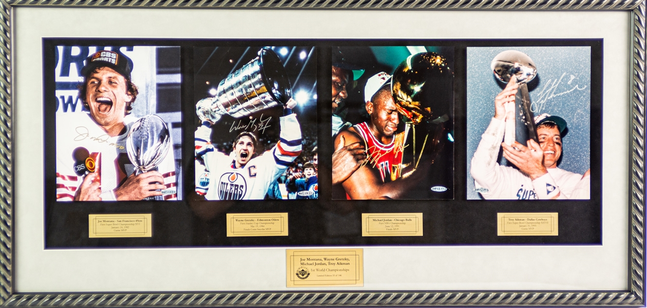 1990s Michael Jordan Wayne Gretzky Joe Montana Troy Aikman Signed 20" x 42" Framed First Championship Photo Display (Upper Deck Authentication)