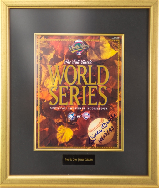 1993 Mickey Mantle New York Yankees Signed 15" x 18" Framed World Series Scorebook (JSA)
