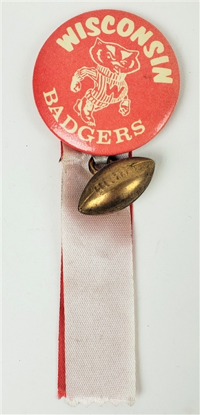 Vintage Wisconsin Badgers Football 1 3/4" Pinback Button w/ Ribbon and Football Charm 
