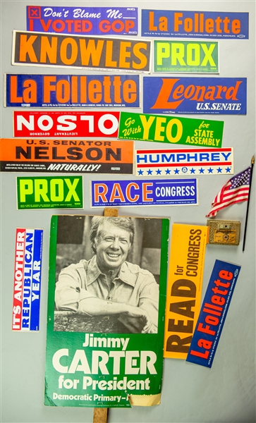 1970s-1980s Jimmy Carter for President Sign w/ Political Bumper Stickers & More (Lot of 17)