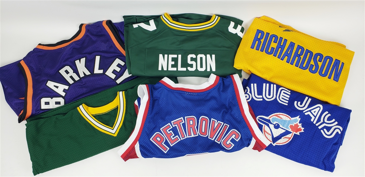 1980s-2000s Basketball Football Baseball Retail Jerseys - Lot of 6 w/ Charles Barkley, Drazen Petrovic, Jason Richardson & More