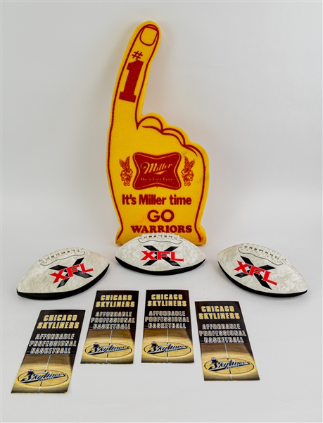 1980s-2000s Sports Memorabilia Collection - Lot of 8 w/ Miller High Life Warriors #1 Foam Finger, XFL Souvenir Mini Footballs & More