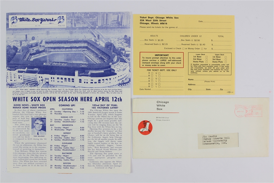 1966 (April) Chicago White Sox Yarns Newsletter w/ Postmarked Envelope & Ticket Order Form