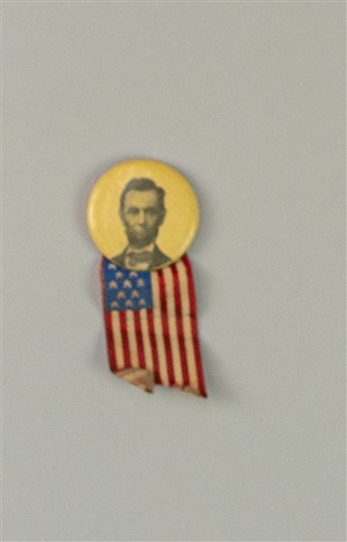 1896 Abraham Lincoln 16th President of the United States 1 1/8" Pinback Button w/ American Flag Ribbon