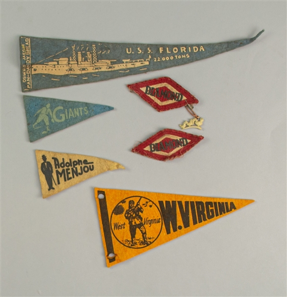 1920s-30s Mini Pennant & Patch Collection - Lot of 6 w/ New York Giants, USS Florida, Adolphe Menjou & More 