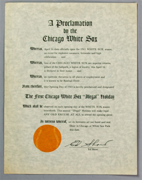 1963 Chicago White Sox Opening Day Illegal Holiday Proclamation Sheet